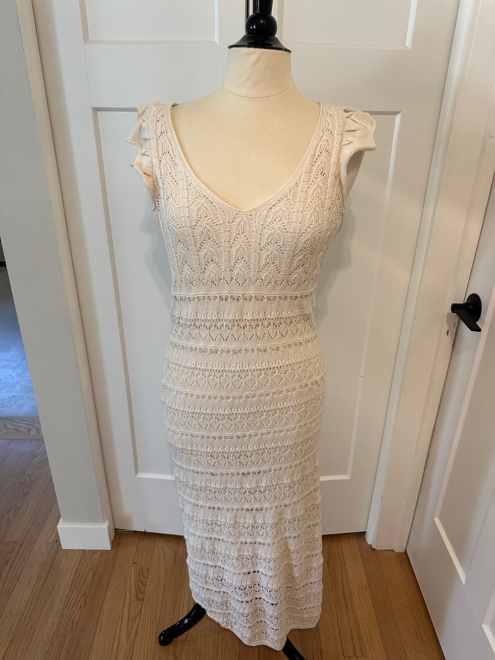 Ivory Crochet Maxi Dress with V-Neck